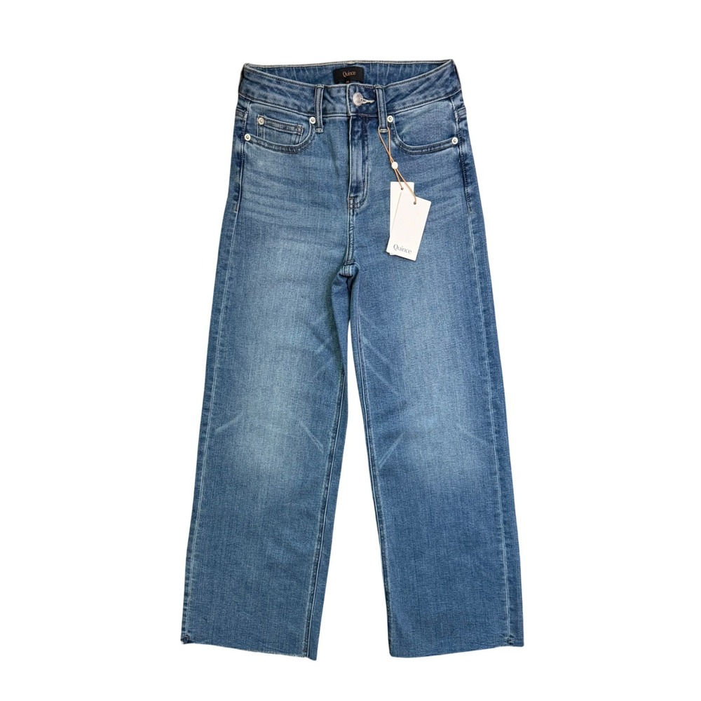 NWT Quince Bella‎ Stretch Wide Leg Jeans 25x28 Twilight Blue Fray Raw Hem Cotton